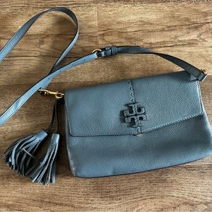 Tory Burch Slate Gray Leather Crossbody with Tassels
